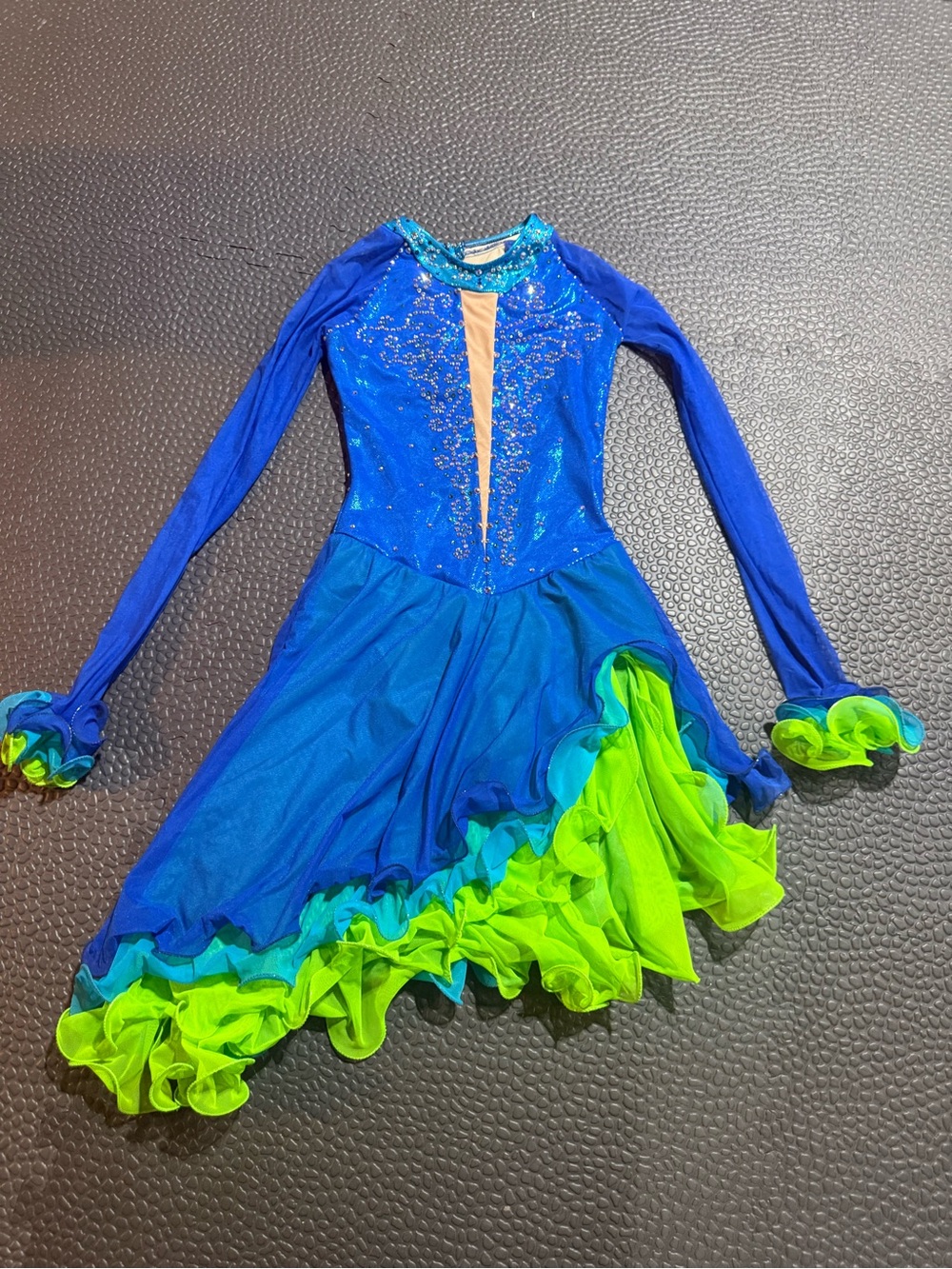 Del Arbour Women Blue and Neon Green Ice Skating  Dress- Sparkle Long Sleeve 4-6